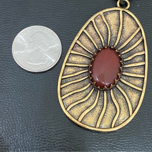 LUCKY BRAND Red Carnelian Brass-tone Large Pendant Leather Cord 26” Necklace - Picture 3 of 14